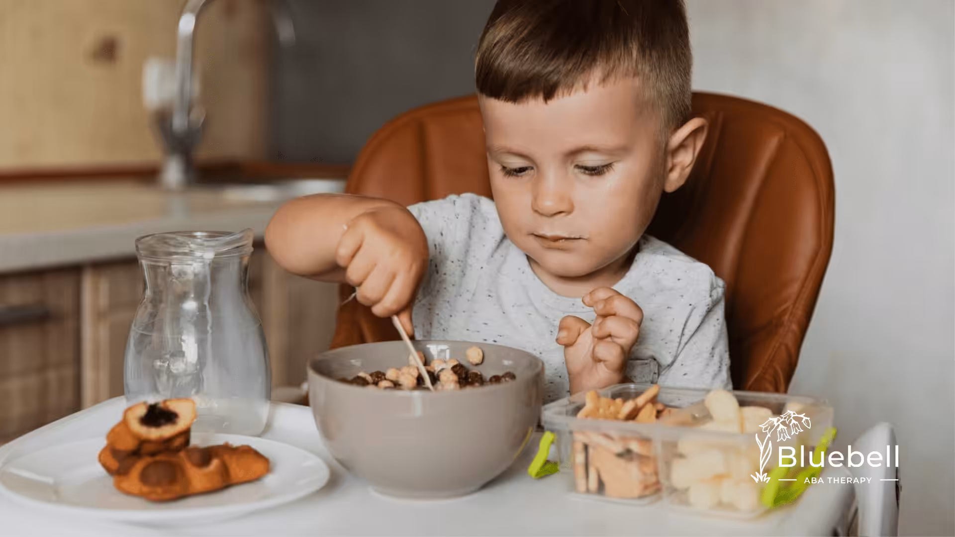 A kid eating a bowl of healthy meal, ilustrate a dairy-free recipe for autistic picky eaters