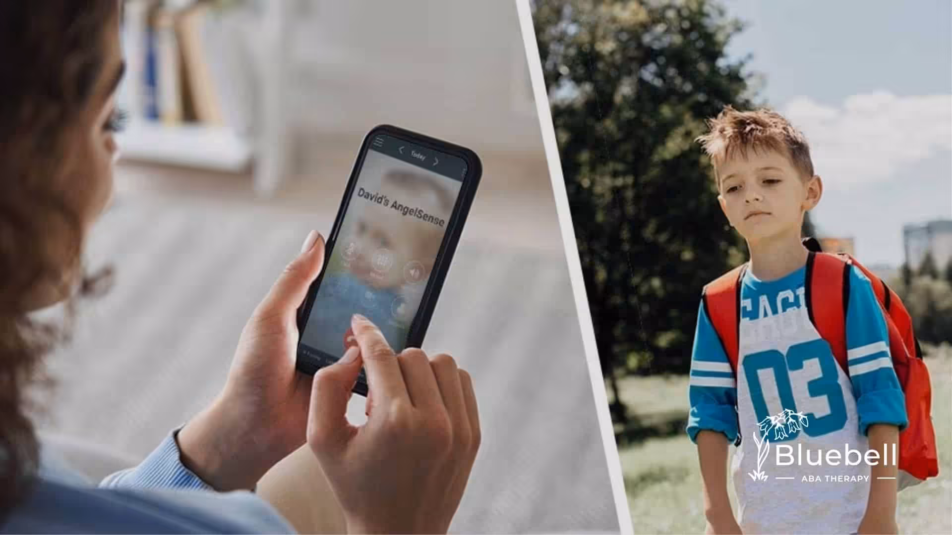 A mother tracking her autistic child with red backpack using a mobile GPS app in North Carolina.
