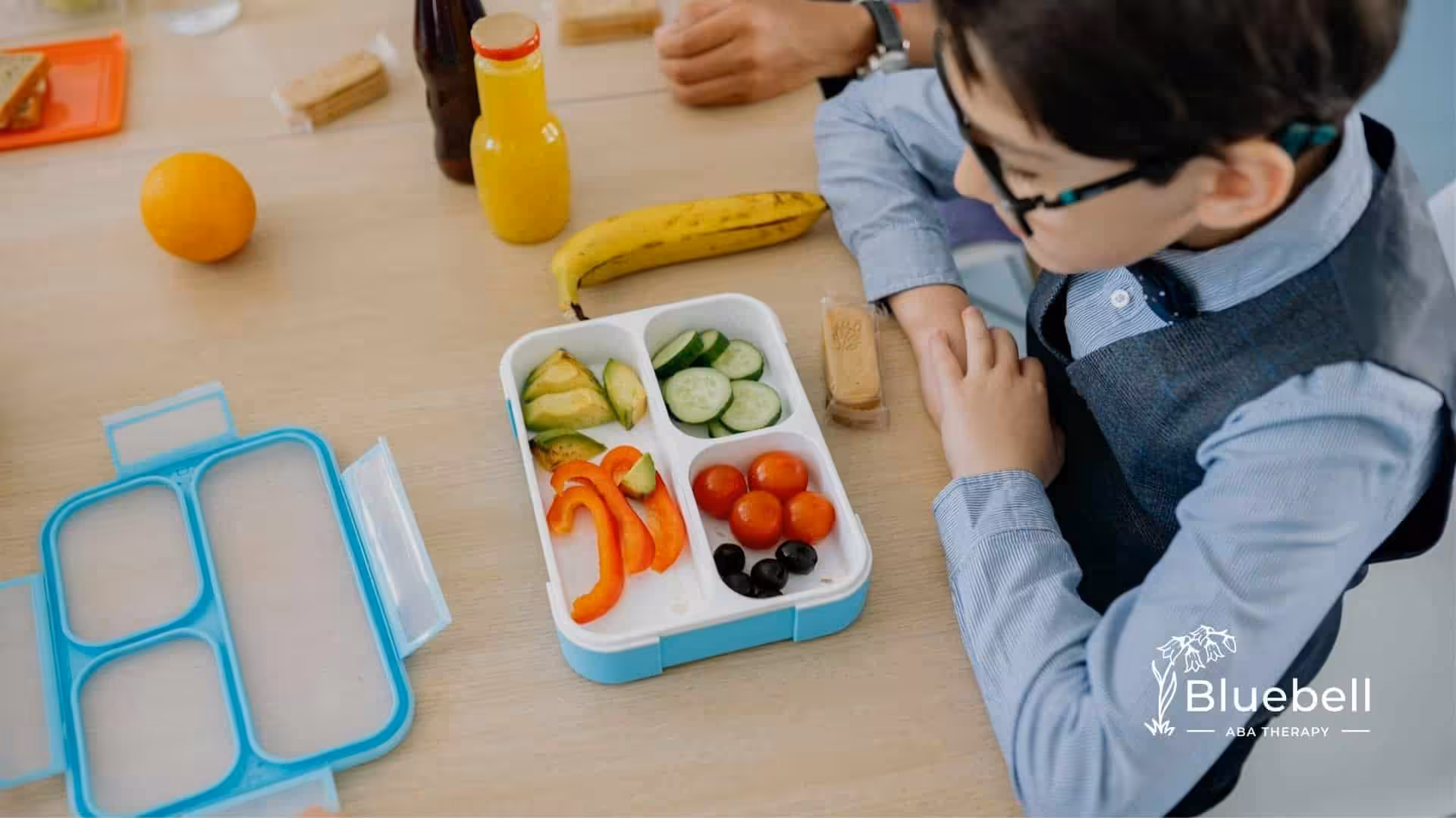 Autistic boy in glasses looking at a healthy lunchbox with vegetables and fruits in North Carolina.