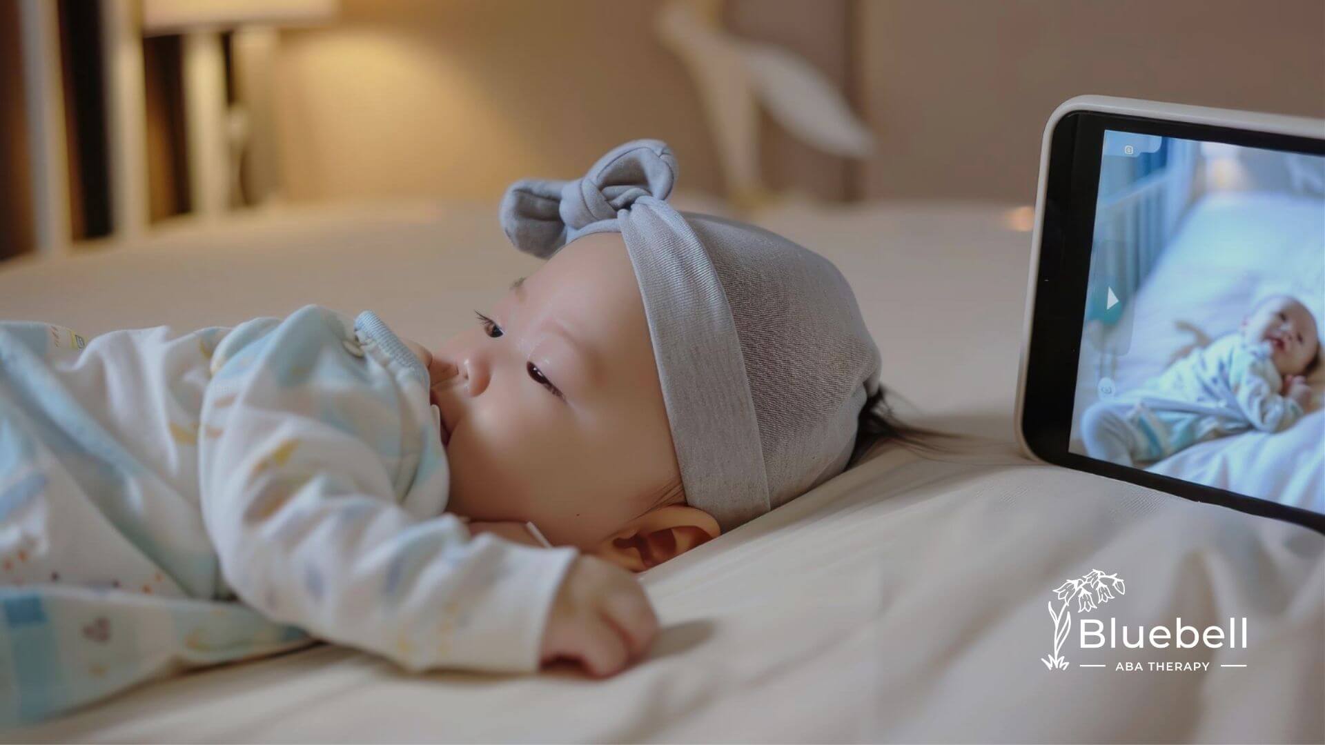 Baby lying in crib with video baby monitor beside bed.